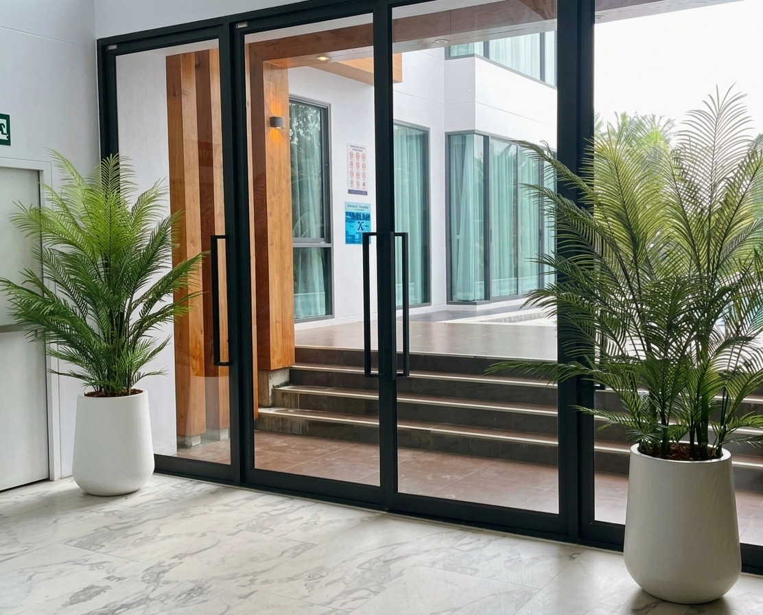 Glass entrance to Sand Dance Hotel framed by tropical palms