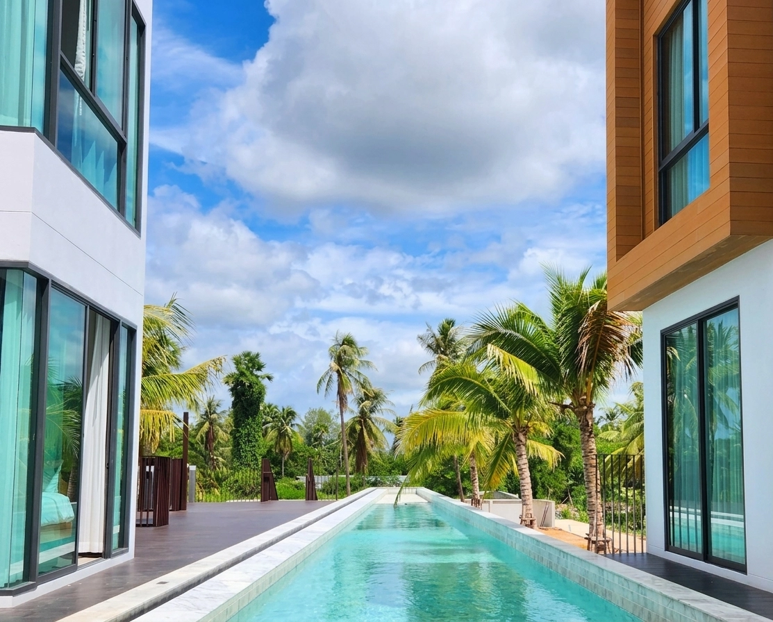 Sand Dance Hotel outdoor pool at sunset in Prachuap Khiri Khan, Thailand